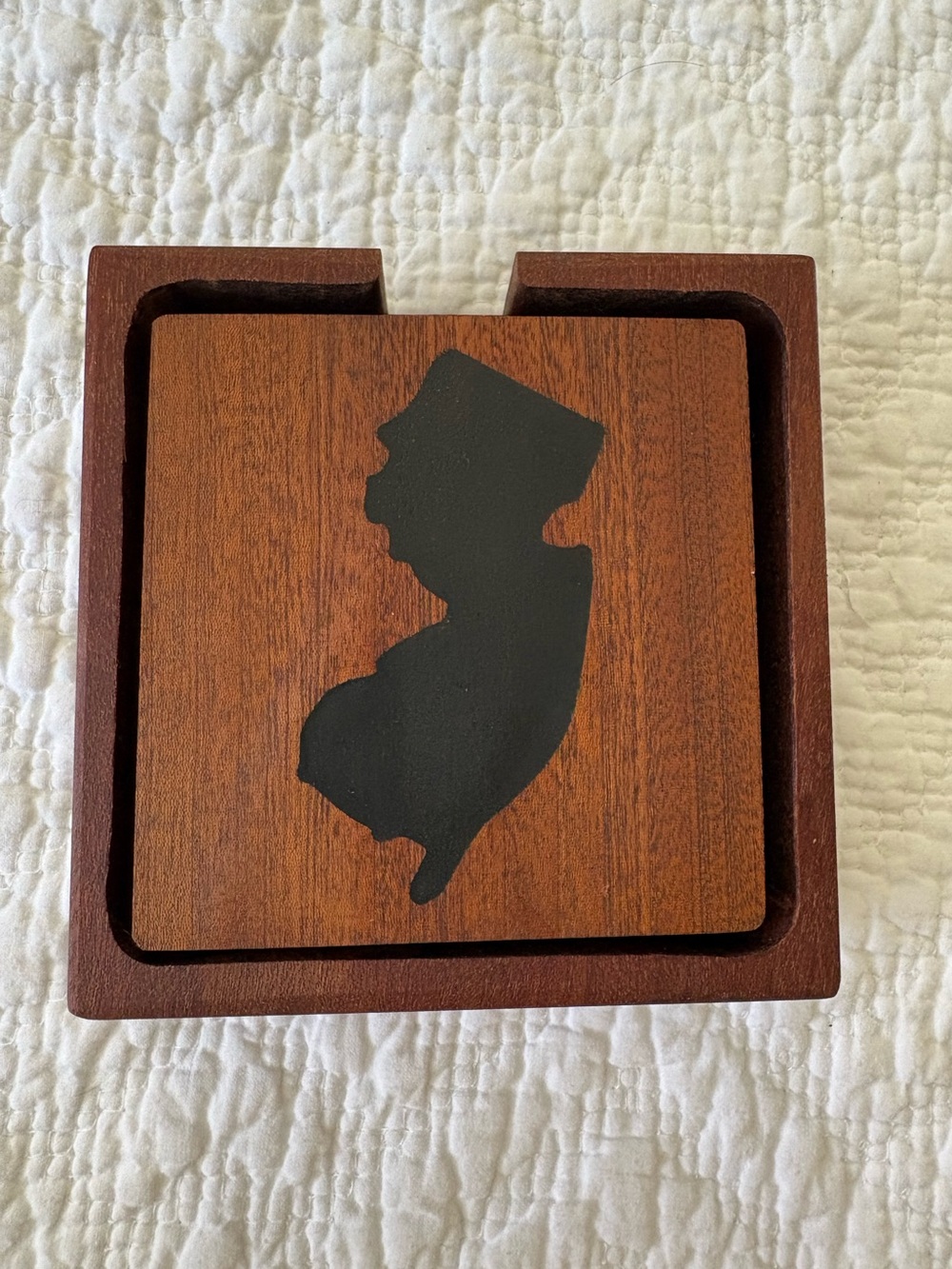 New Jersey wood coaster set. Black NJ silhouette on wood. 5 + holder.